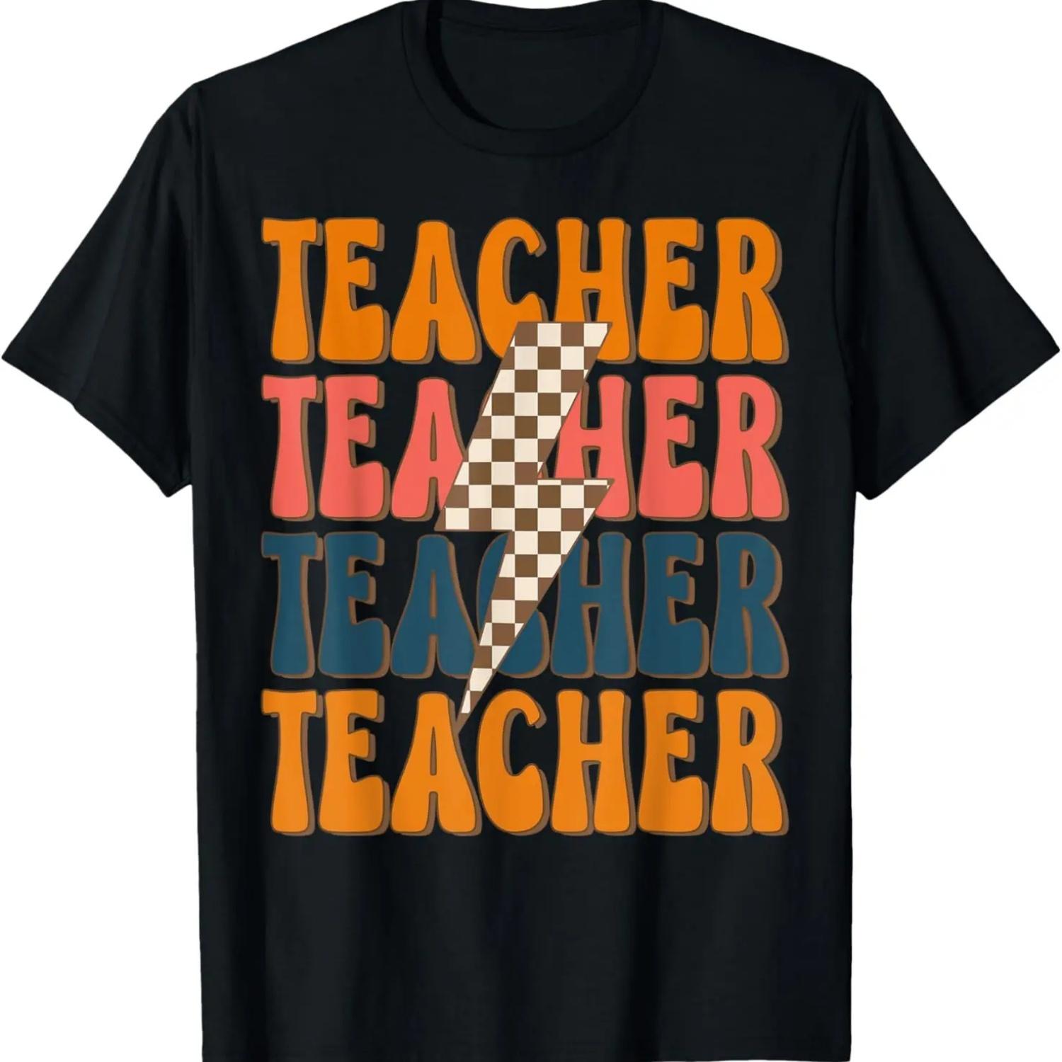 Retro Teacher Lightning Bolt Checked Pattern Back To School T-Shirt S