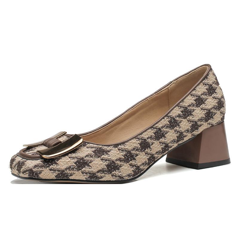 Xiaohongshu Popular High Heels Women's French Retro Plaid H Buckle Thousand Bird Grid Fashion 2025 Spring New Single Shoes