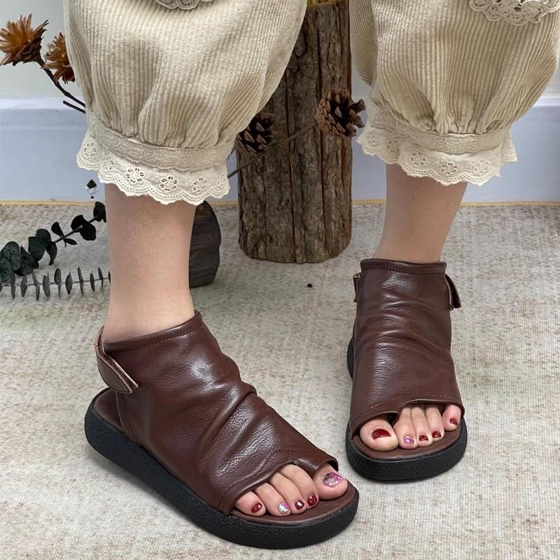 Fashion GKTINOO Retro Casual Women Sandals Open Toe Summer Beach Sandals High Top Hook Loop Platform Genuine Leather Flip Flops Slippers