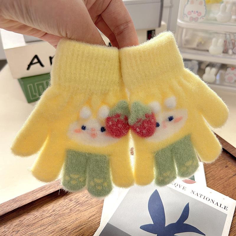 Grass plum rabbit children's gloves baby full finger thickened warm year old full finger child finger cover new gloves