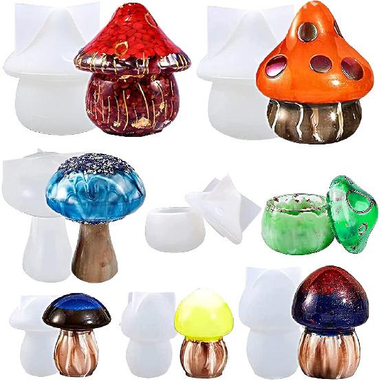 Resin Mold Silicone, Cute Mushroom Jar Series Resin Mold Silicone with Lid (7-PCS), Epoxy Mold Silicone DIY Casting Craft for Storage Bottles, Candy