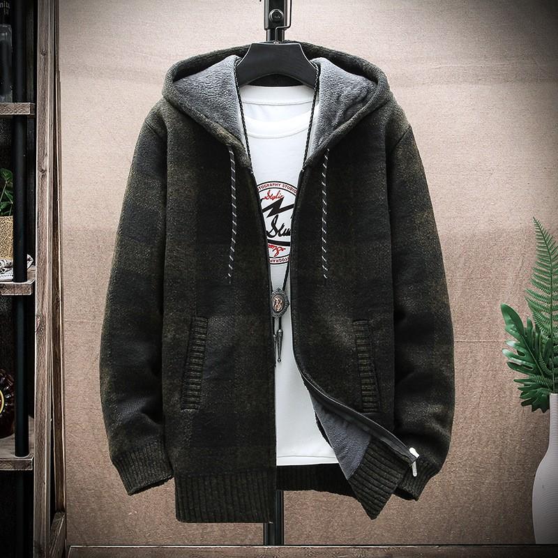 Men's Winter Plaid Hooded Sweater Cardigan Autumn Fleece Zipper Warm Jacket Checkered Knit Jumper