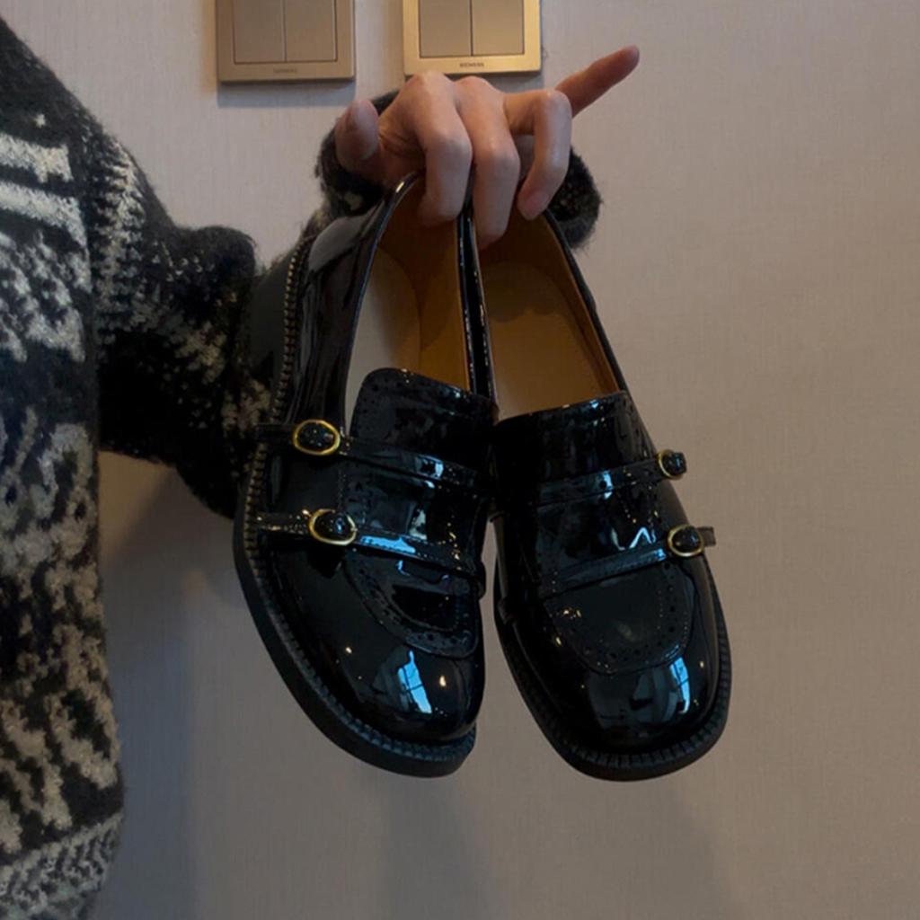 Sheepskin~ French British style leather platform small leather shoes women's one-pedal loafers round head with skirt jk single shoes