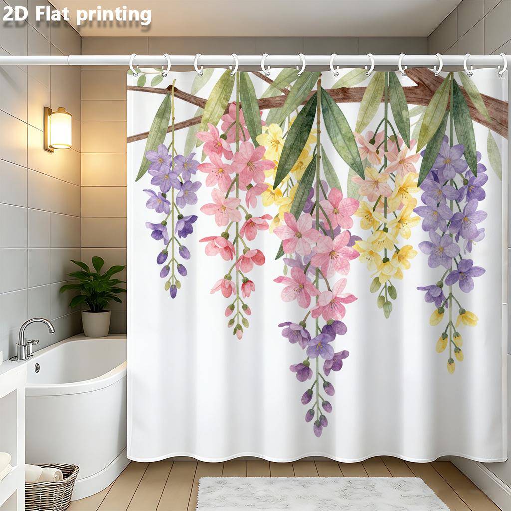 

Watercolor Wisteria Shower Curtain 1Pc Polyester 70.8X70.8 Pink, Yellow & Purple Blooms With Green Leaves On White Base W60H190(CM)-1 Pcs