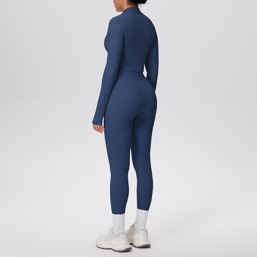 Zipper Crop Top Jacket & High-Waist Butt-Lifting Pocketed Pants Sports Set - Perfect for Yoga, Running, & Casual Fitness.