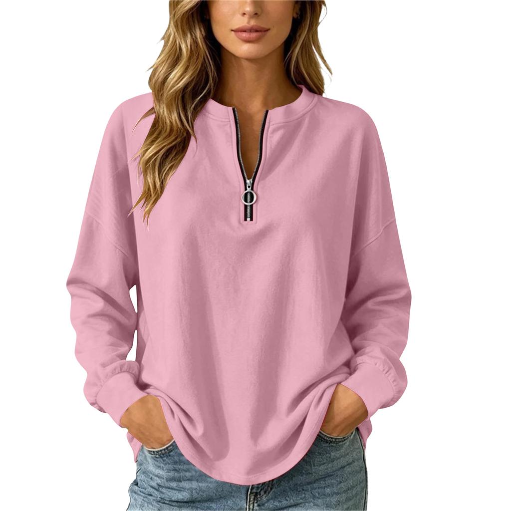 Women's Casual Loose Fit V-Neck Zip Up Long Sleeve Sweatshirt