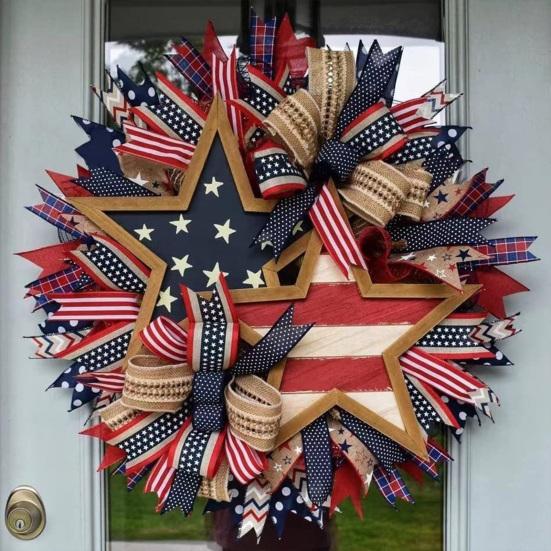 4th of July Patriotic Door Wreath Red Blue White Star Eagle Wooden Welcome Sign Wreath for Independence Day Memorial Day Home Wall Outdoor Indoor