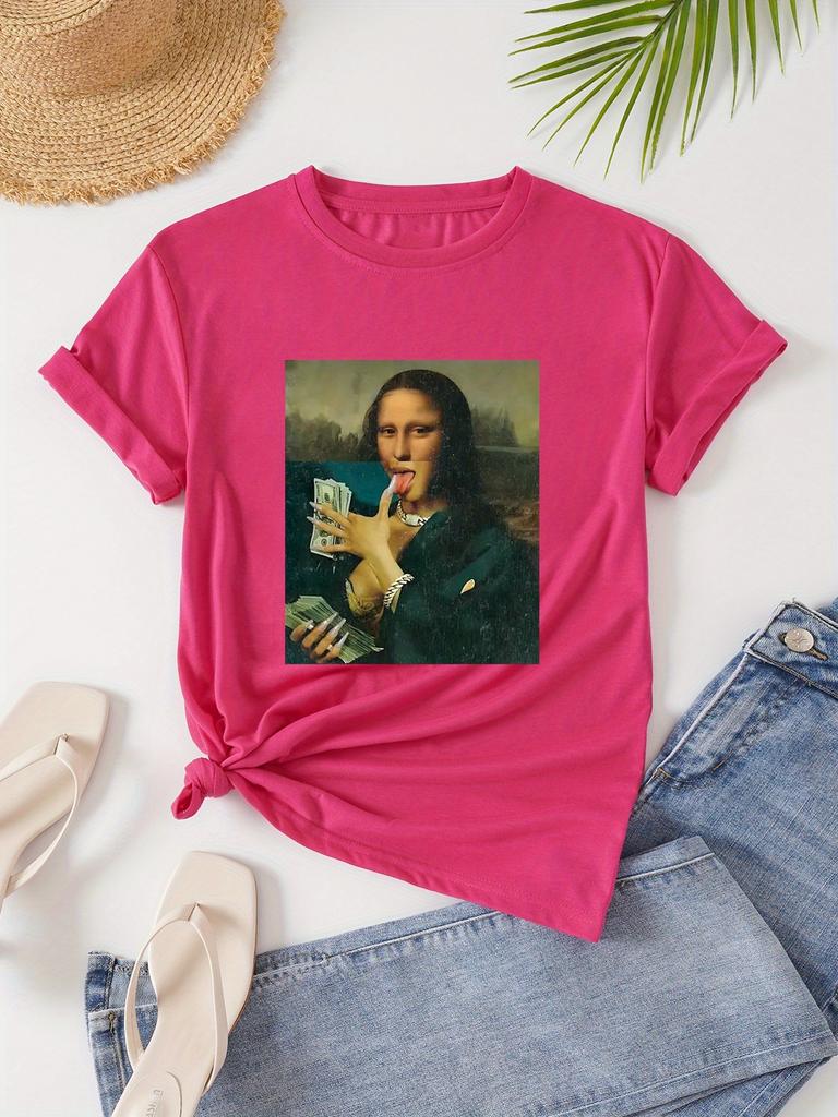 Tricou Damă Parodie Mona Lisa Cash - Grafică Artistică Amuzantă, Top Negru Casual