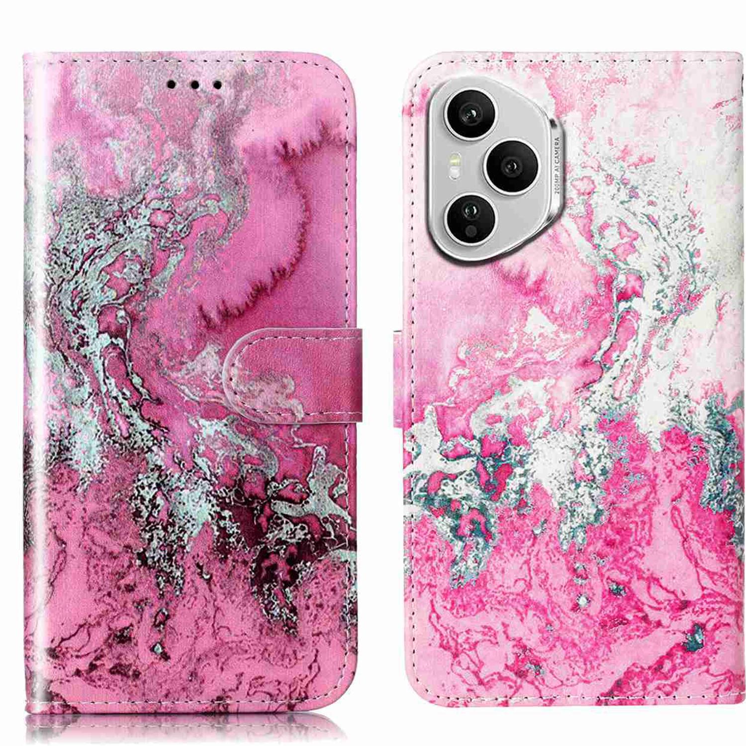 

Для Honor 400 Pro 5G (Глобальный) Подставка Чехол Мраморный Расписной Фолио Флип Кожаный Кошелек Чехол для Телефона Pink Seawater Marble