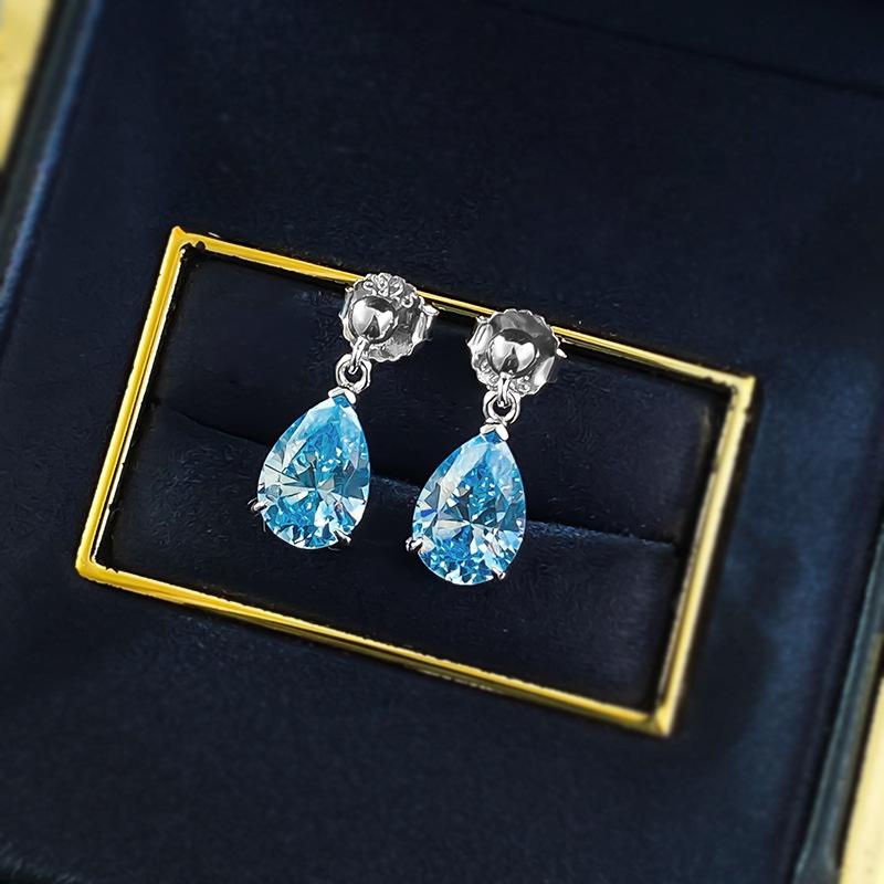 Water Drop Sea Blue Earrings Women'S 7 * 10Mm Pear-Shaped Diamond Colored Treasure Ear Jewelry