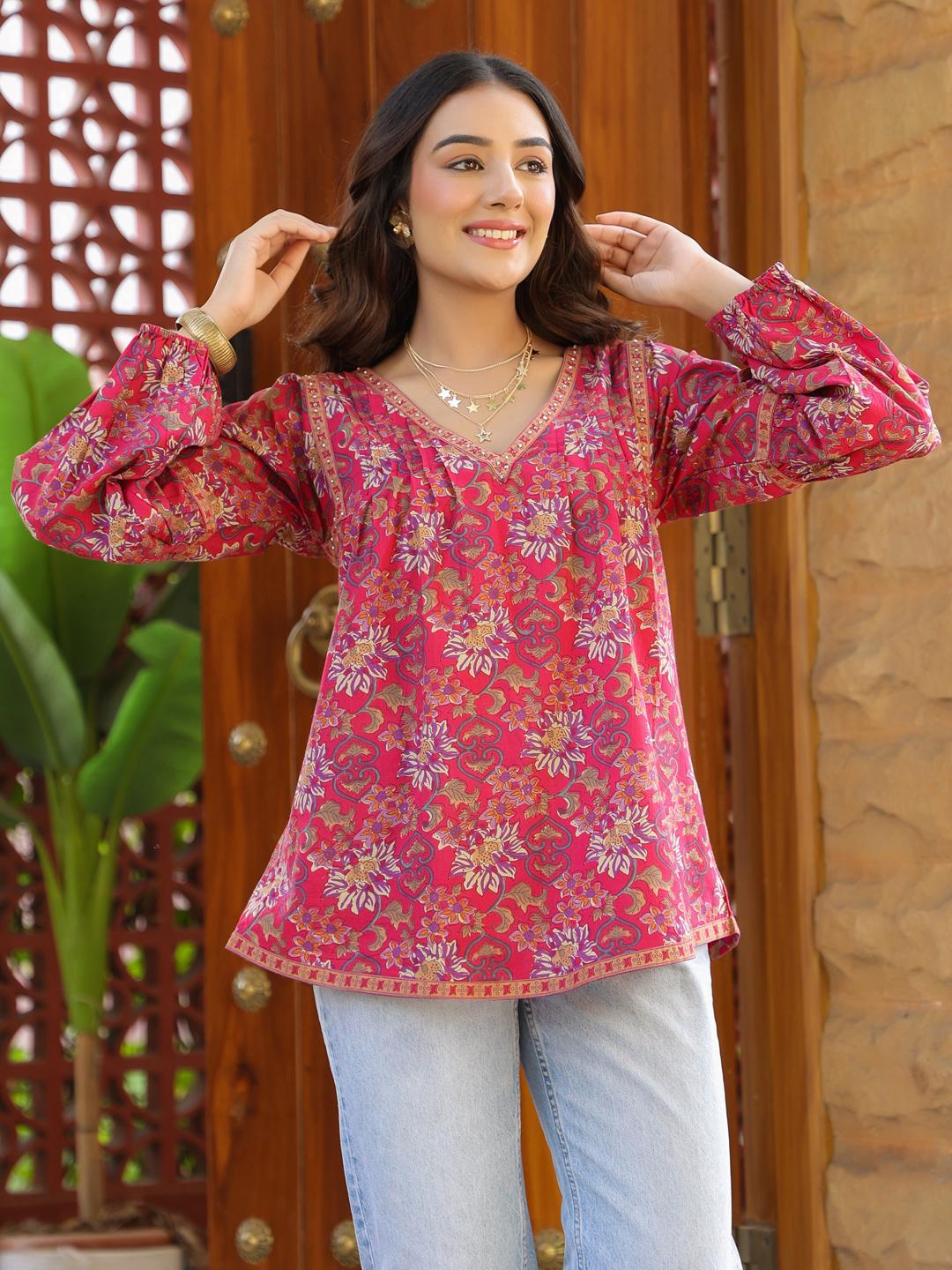 Pink Floral Printed V-Neck Pintuck Cotton Top S розовый