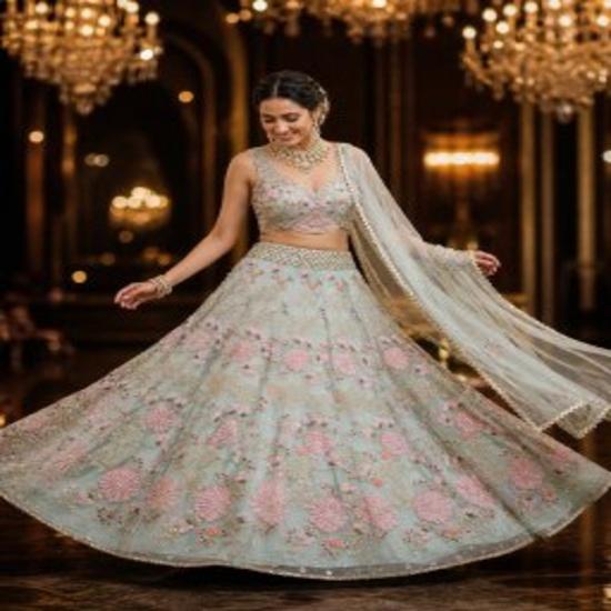 Ethereal Sea Green and Blush Pink Floral Lehenga Choli Set FREE SIZE