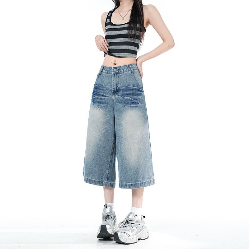 Trendige Sommer Lockere Weite Beine Verkürzte Capri Jeanshosen Für Damen Vielseitig Lockere Gerade Schlankmachende AllMatch Lässige Hosen