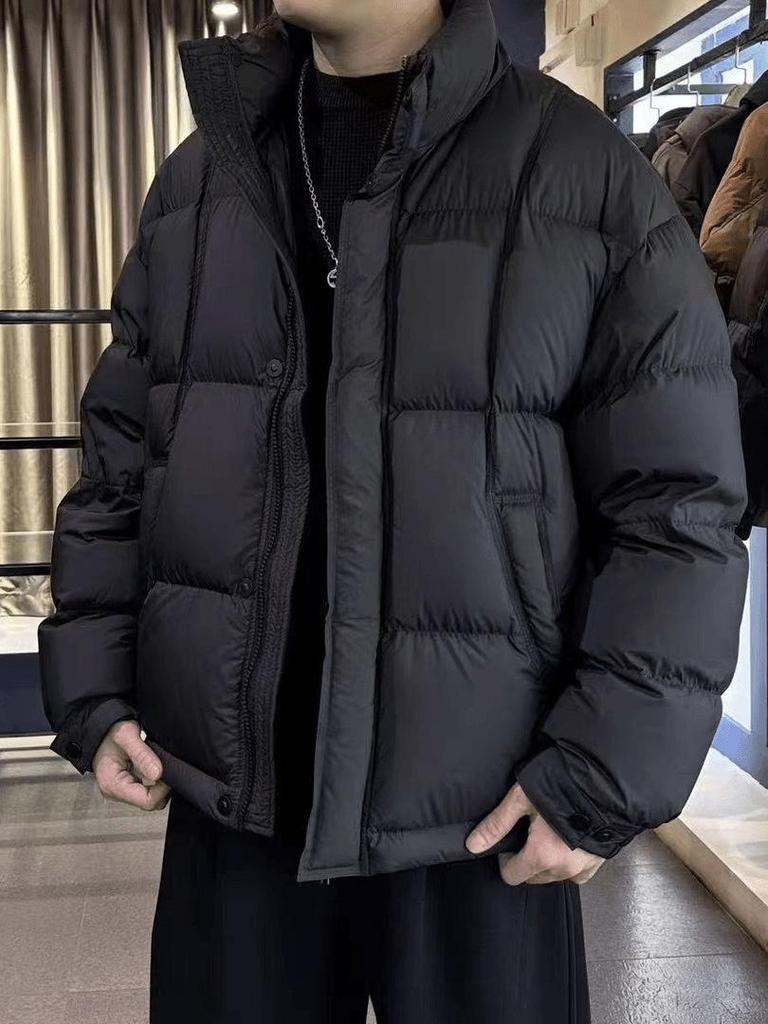 Men's American Style Thick Puff Down Jacket with Stand Collar - 90% High Fill Power, Trendy Loose Fit Outerwear
