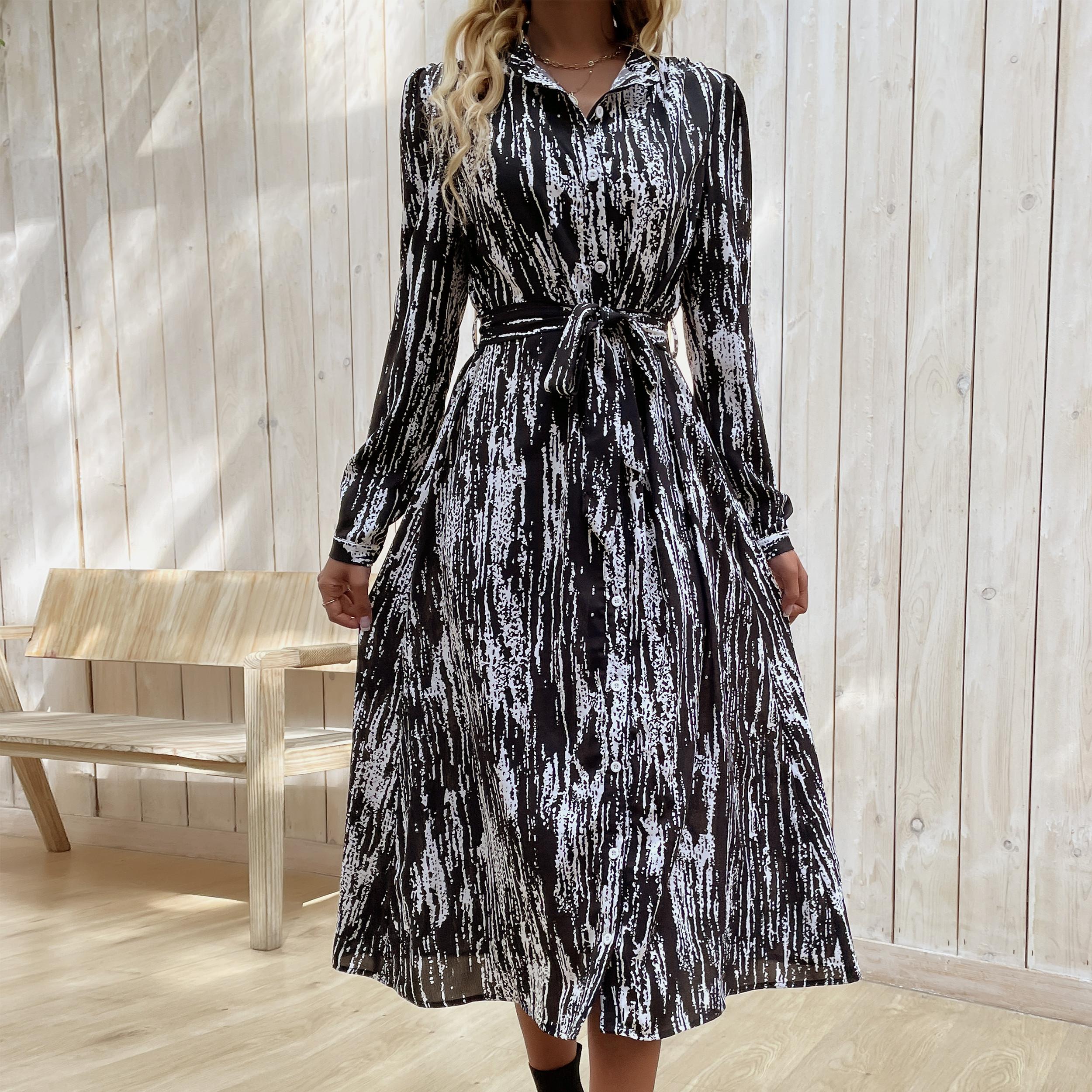 

YYFS женские модные летние весенние повседневные платья с длинным рукавом и воротником-поло M чёрный