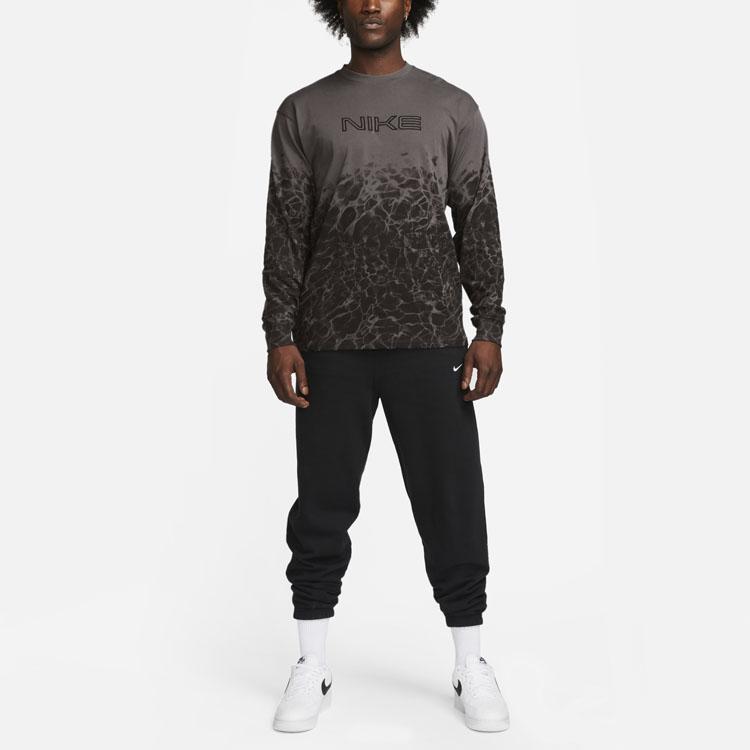 Nike Letter Logo Embroidered Water Pattern Print Round Neck Long Sleeve T-Shirt Unisex Tops Gray Black FB3031-068