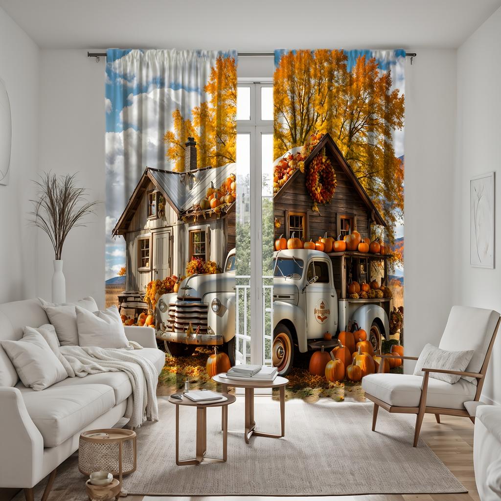 2 Stück HD Vintage Herbsternte Hintergrund Kürbis Bus Landhaus dekorativer Vorhang Gelber Bindeband digital bedruckter Vorhang Heimde