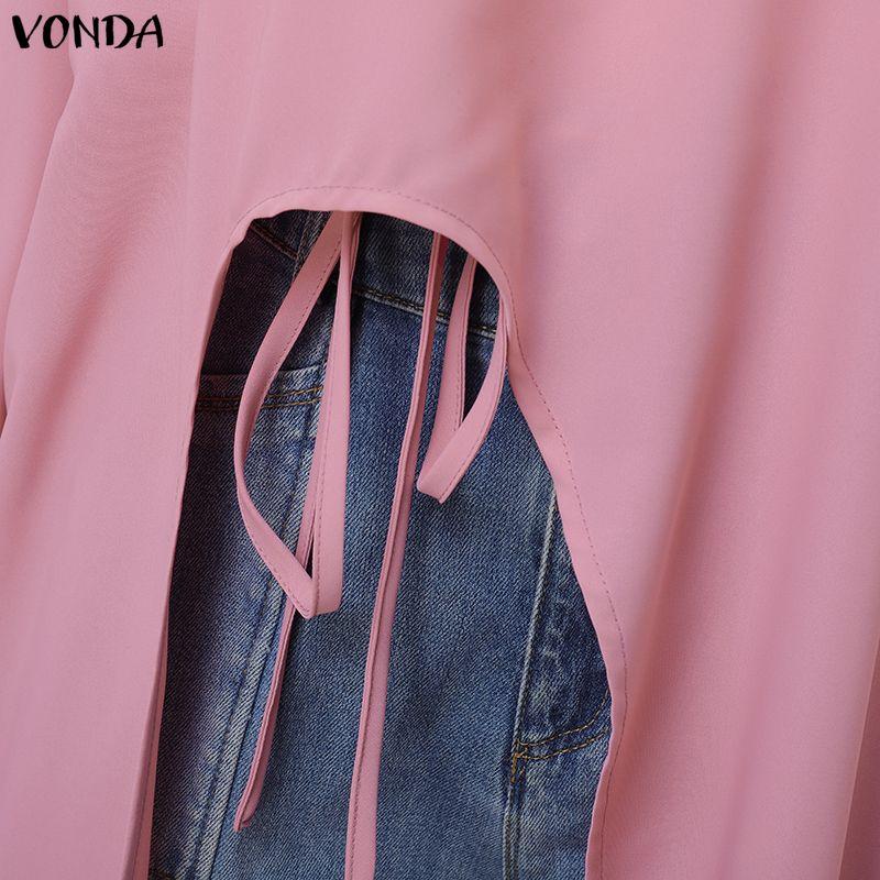 VONDA Plus Size Women Casual Loose V Neck Long Sleeve High Split Irregular Long Blouse Tops