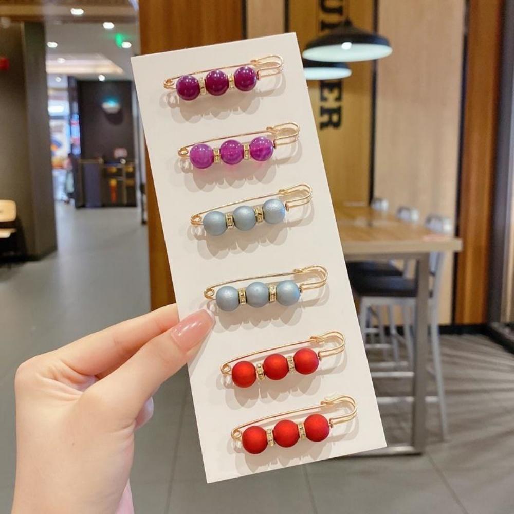 6-Piece Set Pearl/Black Bead Waist Adjustable Safety Pins, Elegant Pants Waist Cincher Brooch, Ideal for Daily Clothing Repair