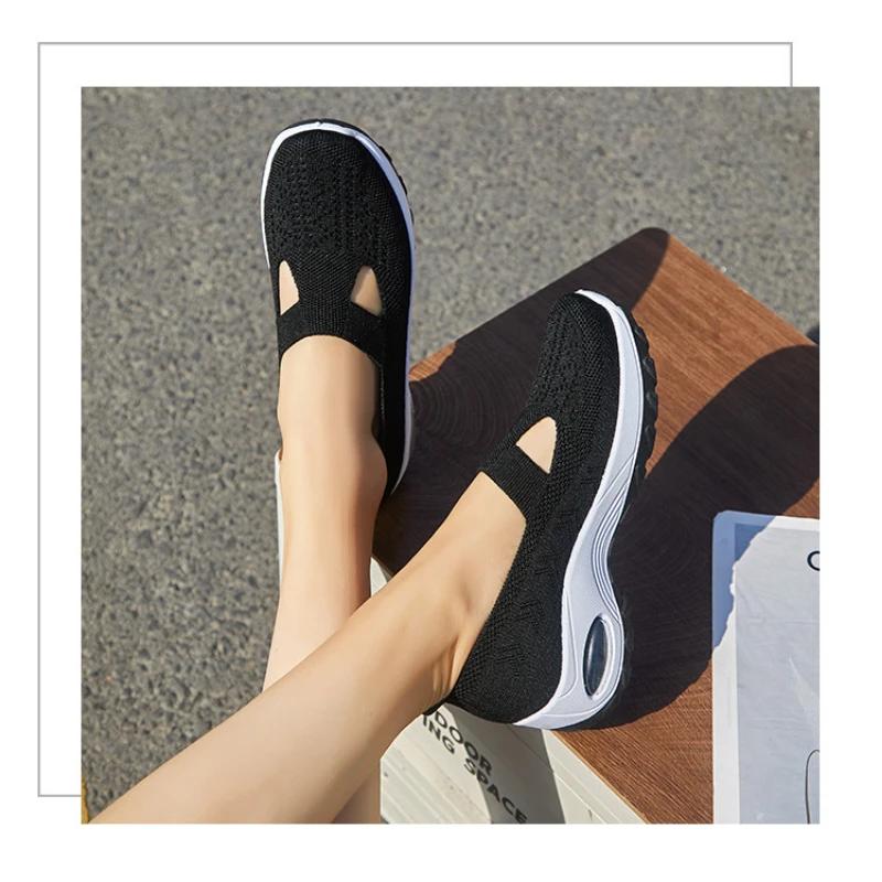 Jarní a letní nové sportovní boty se vzduchovým odpružením, prodyšný pletený svršek, mělké boty s měkkou podrážkou a rovnou podrážkou pro ženy