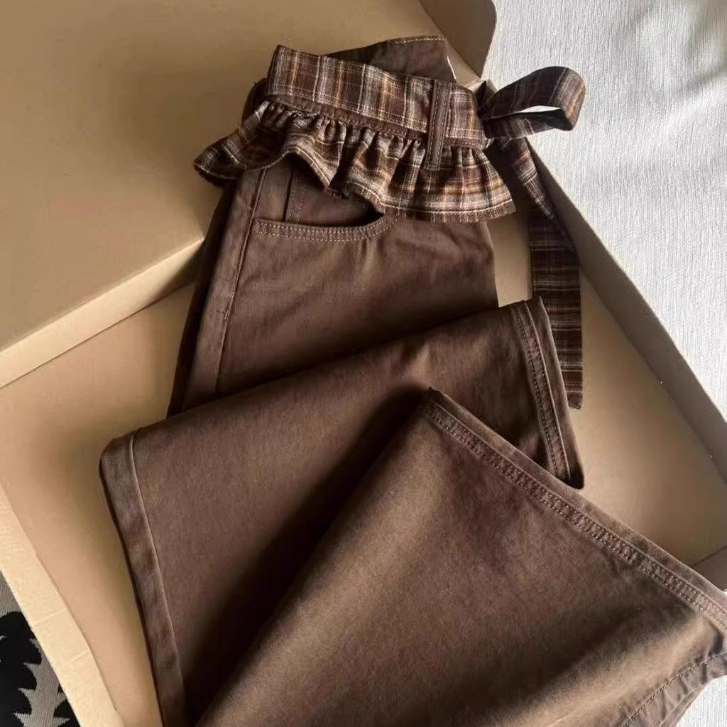 Coffee Double Waist Butterfly Strap Jeans for Women In Spring and Summer Design Straight Loose Wide-leg Pants