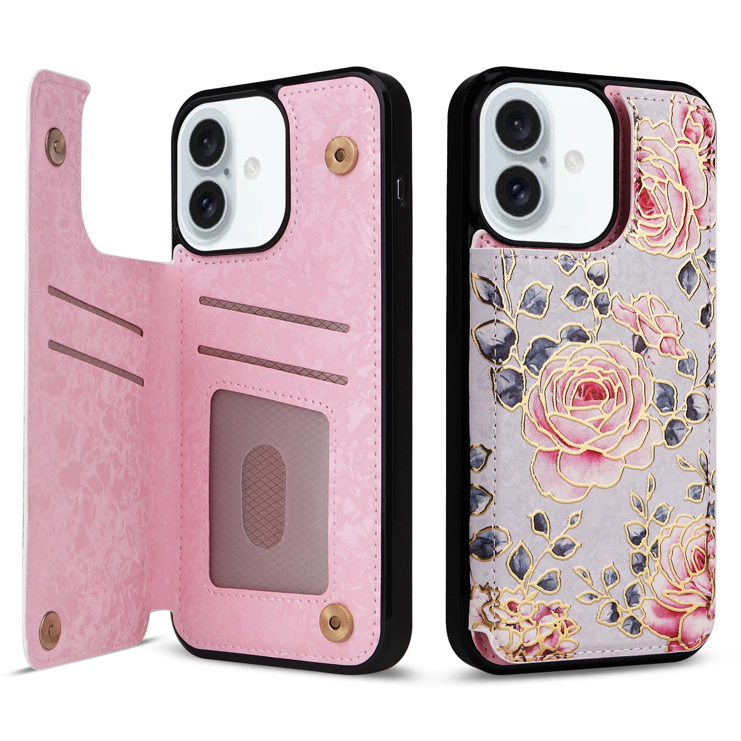 

For iPhone 16 Plus Card Slots Case Flower Leather+TPU Phone Cover RFID Blocking Rose
