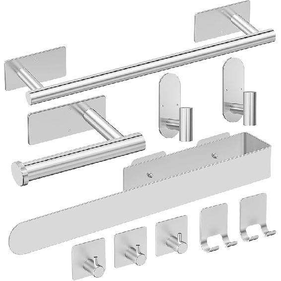 Towel Racks for Bathroom,QIYOOO 10pcs Upgraded Version Thickened SUS304 Stainless Steel Self Adhesive Towel Bar Set,Self-Adhesive/Drilled