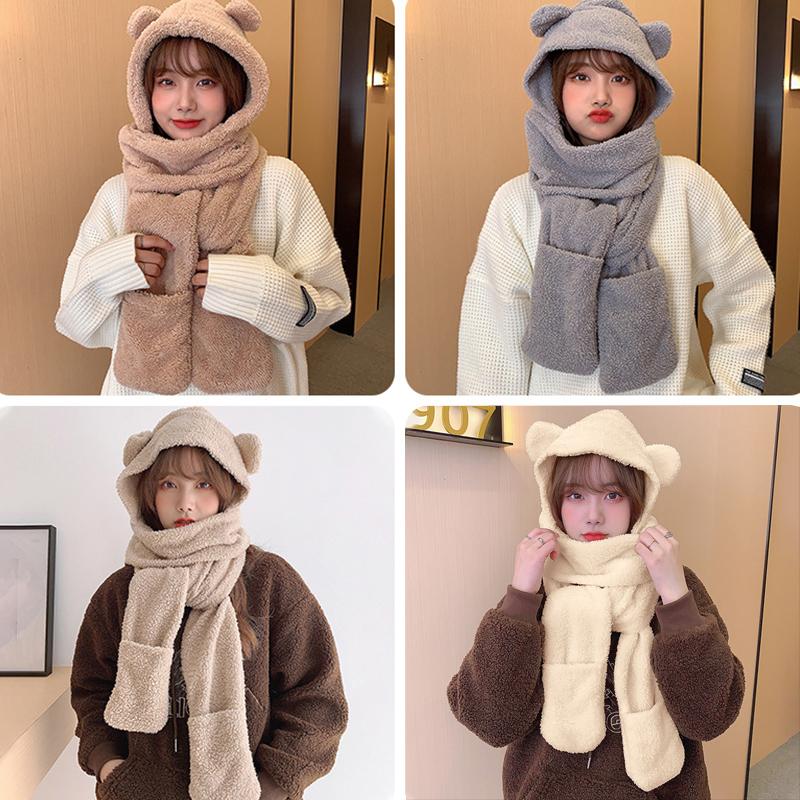 Herbst und Winter Cartoon Süßer Bär Hut Schal Drei-in-Eins Koreanischer Stil Hut Warm und Bequem Gehörschutz All-in-One Hut