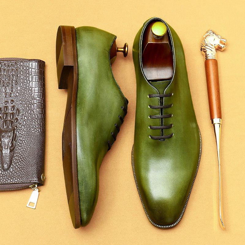 Internet Celebrity Green Leather Shoes Men'S Niche Whole Cowhide Soft Leather Oxford Shoes