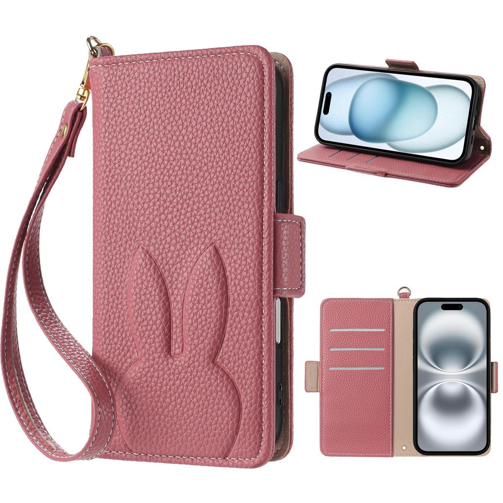 Carina custodia a portafoglio in pelle con coniglio e fiore 3D, supporto per telefono, per iPhone 17 Air 16 15 PM 14 13 12 11 Pro Max XR XS SE 16e 6 7 8 Plus, slot per schede, cover a libro