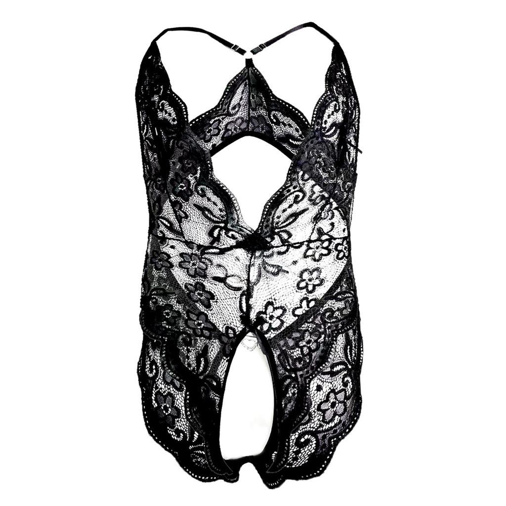 Erotic Men Bodysuit One Pieces Thongs Sexy Leotard Lace Crossdress Sissy Transparent Open Crotch Penis Pouch Lingerie Underwear