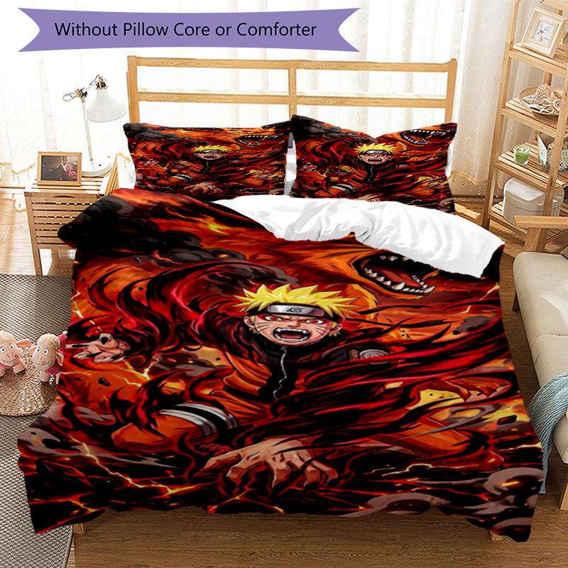 Naruto Fire Design Bed Bedding Set 1 Duvet Cover + 2 Pillowcases Soft Breathable Household Bed Linens