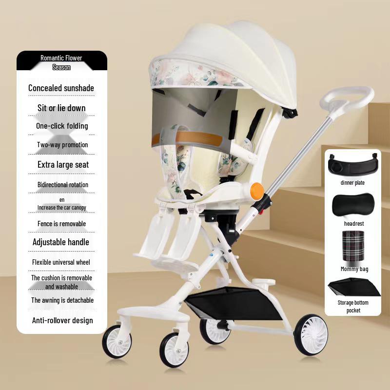 Cărucior pliabil bidirecțional cu șasiu înalt pentru bebeluș, cu patru roți