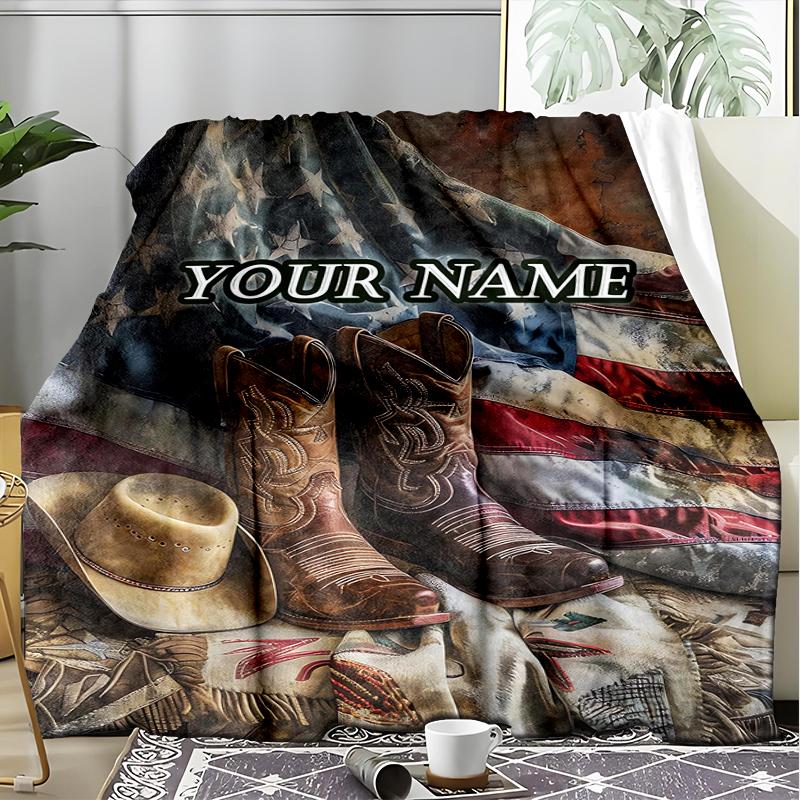 1PC Custom Name Rustic Boots Flag Outdooor Flannel Blankets Patterns Throw Blanket All-Season Soft Gift for Couch, Bed, Camping Gifts