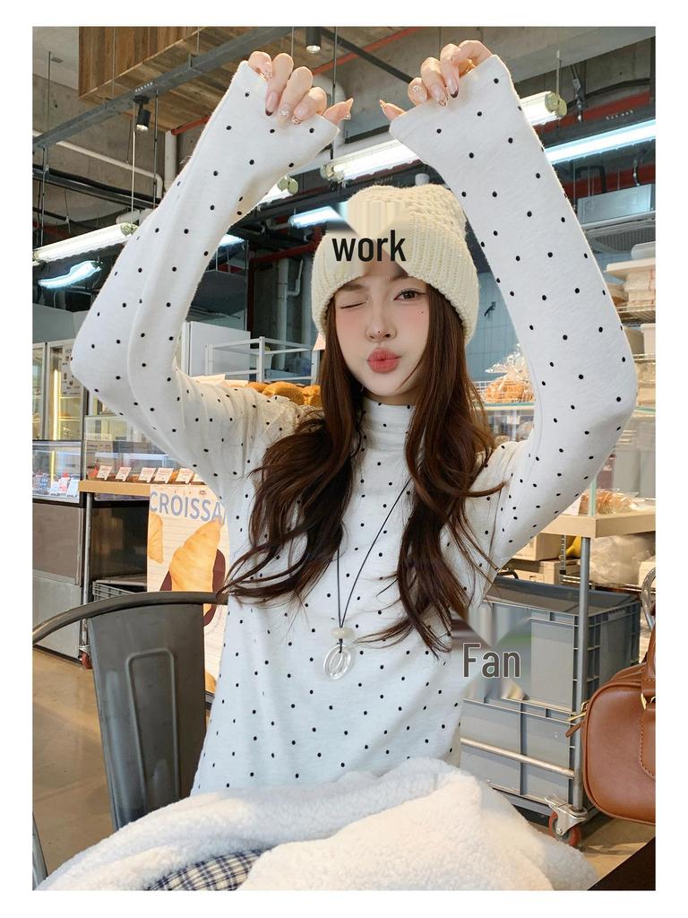 Women's Polka Dot Fleece-Lined Long-Sleeve Base Layer Shirt - Korean Style Winter Top