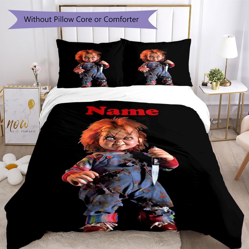 Set de lenjerie de pat Chucky cu nume personalizat 3 buc. Închidere cu fermoar pentru husa de pilotă Include 1 husă de pilotă și 2 fețe de pernă, Moale și confortabil pentru toate anotimpurile.