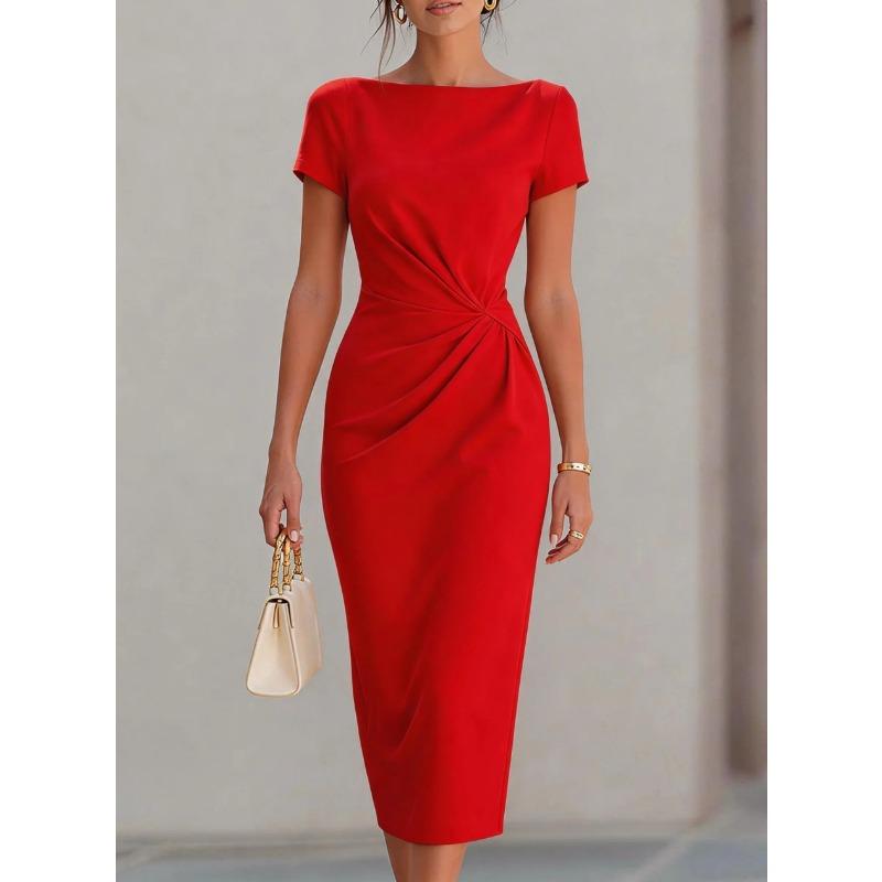 MGHR Women's Fashion Short Sleeve O-Neck Summer Spring Solid Color Print Casual Dresses