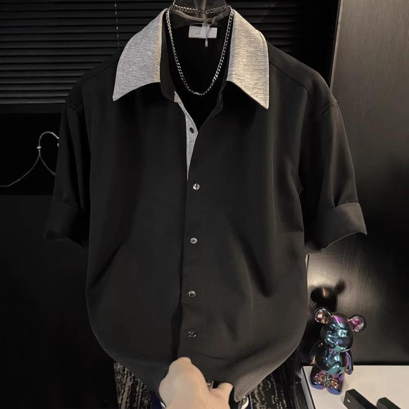 Men Contrast Collar Short Sleeve Shirt Two Tone Button Down Casual Loose Fit Top M чёрный