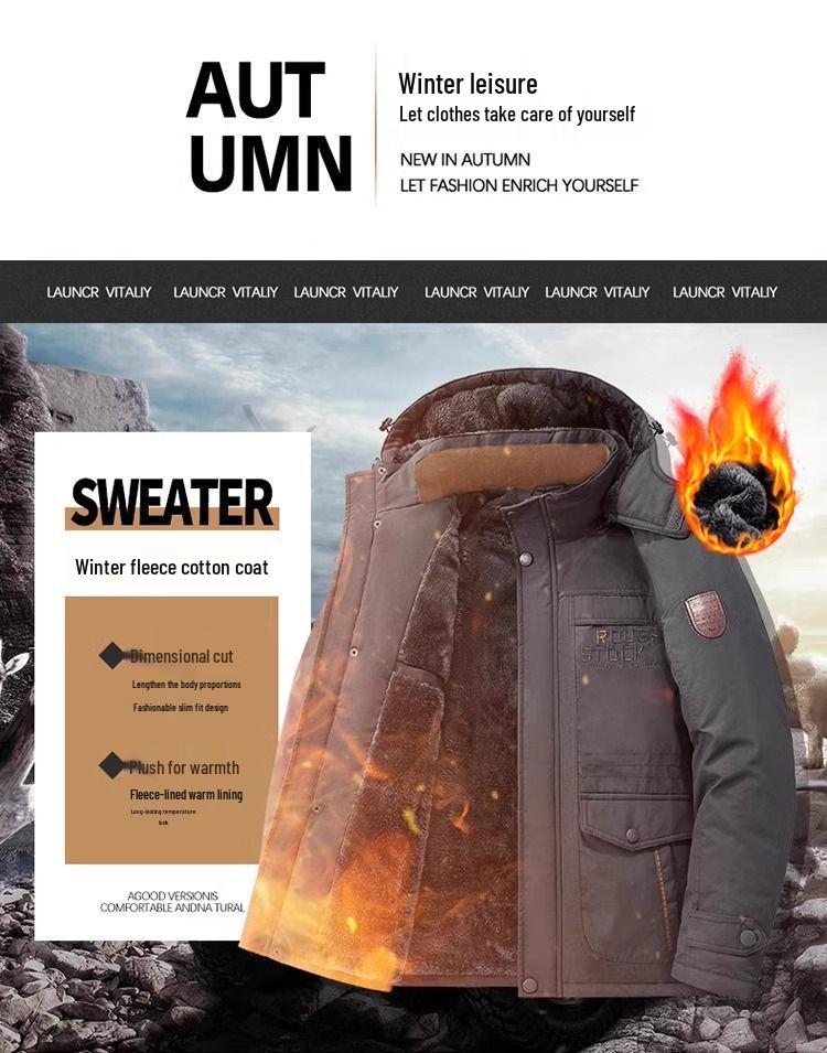 Men's Mid-Length Winter Coat, Fleece-Lined and Extra Thick for Middle-Aged and Elderly