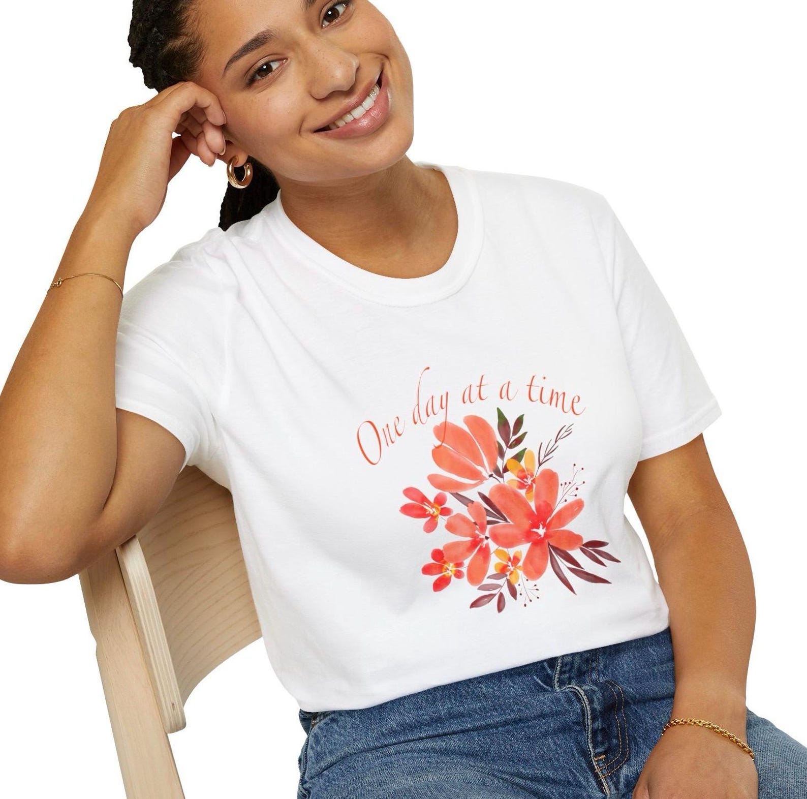 One Day At A Time Shirt | Botanical Flower Graphic Tee | Minimalist Mental Health Awareness T-Shirt | Watercolor Floral Wellness Gift XL