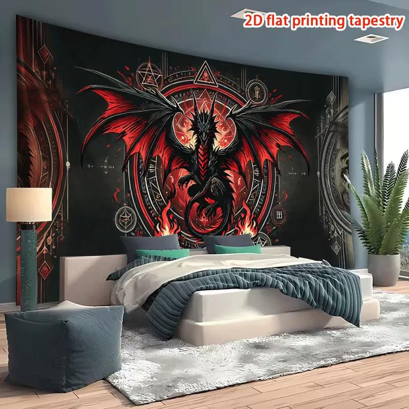 2D Dark Fantasy Dragon Tapestry Red Fire & Occult Circle Wall Art