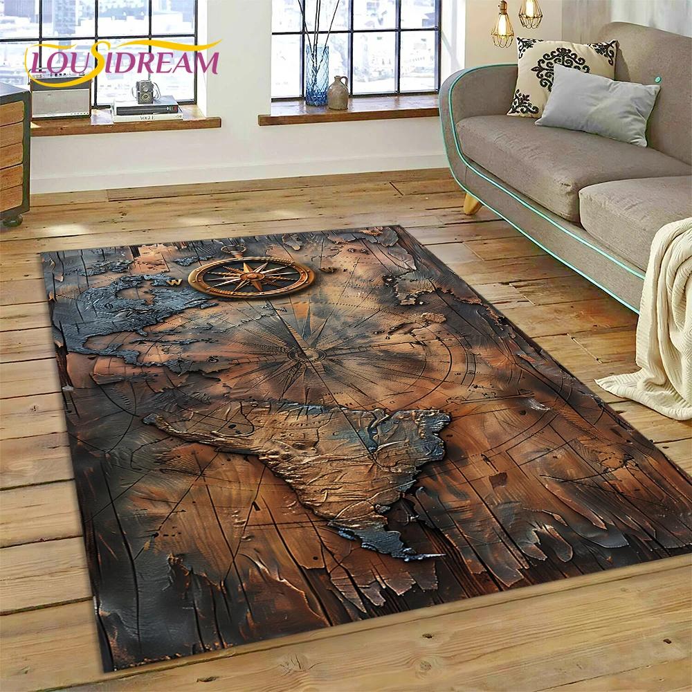 3D Starověká námořní mapa Mapa světa Kompas Koberec Kobereček do ložnice Obývacího pokoje Dekorace pohovky, Dětská hra Velká dekorační podložka na podlahu