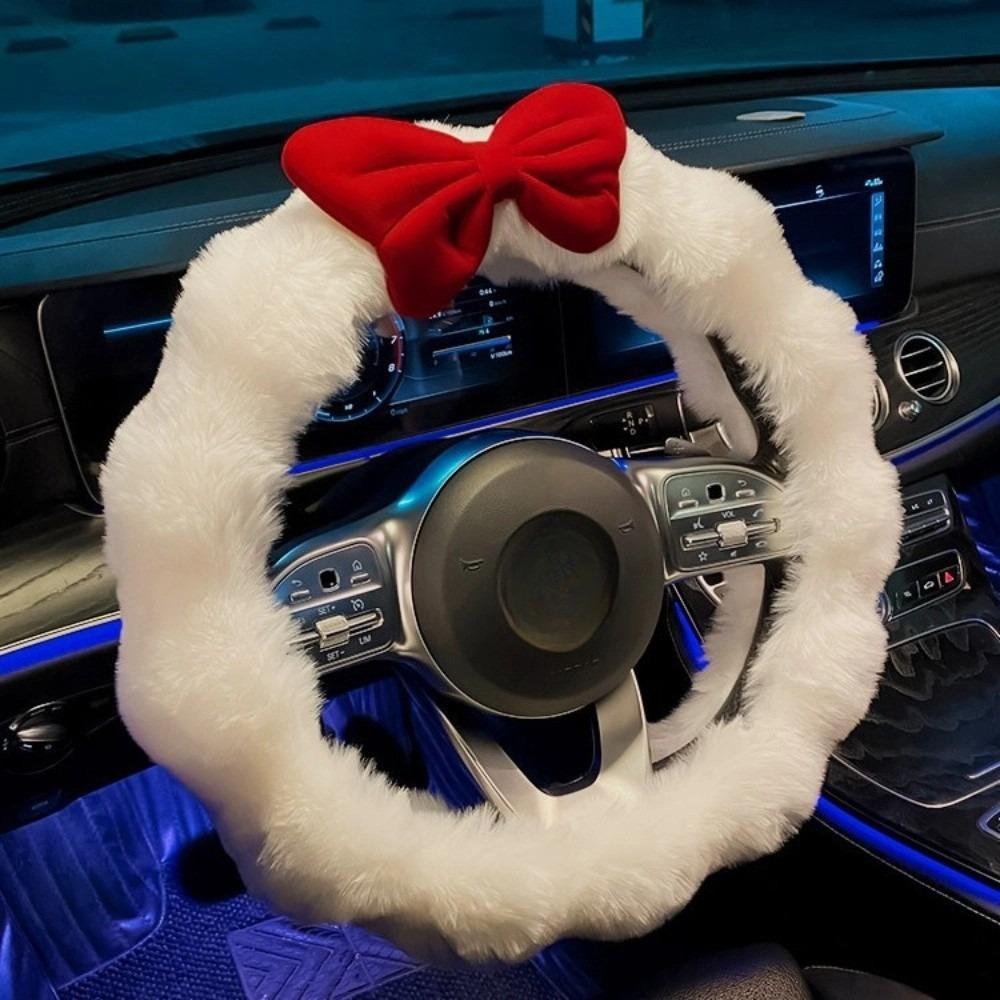 Cute Fluffy Steering Wheel Cover Bow Design Anti Slip Steer Wheel Protector Wave Shape Soft Steering Cover Girls Car Decoration