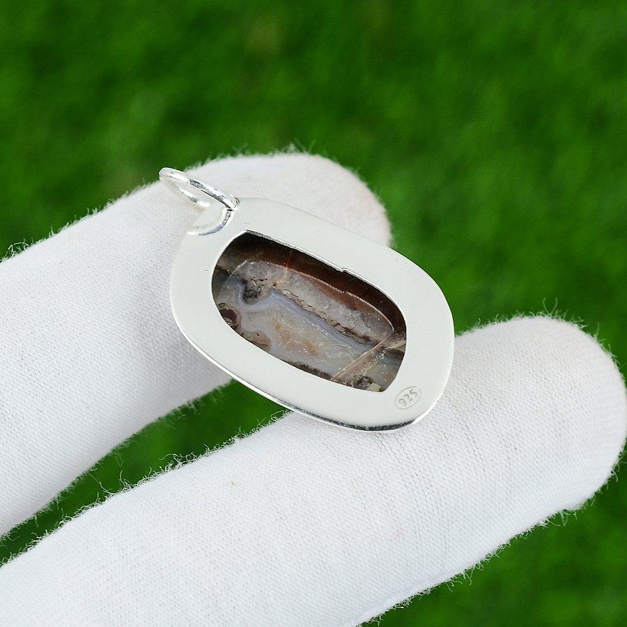 925 Silver Marquise Natural Mexican Laguna Lace Agate Mother Bezel Boho Pendant