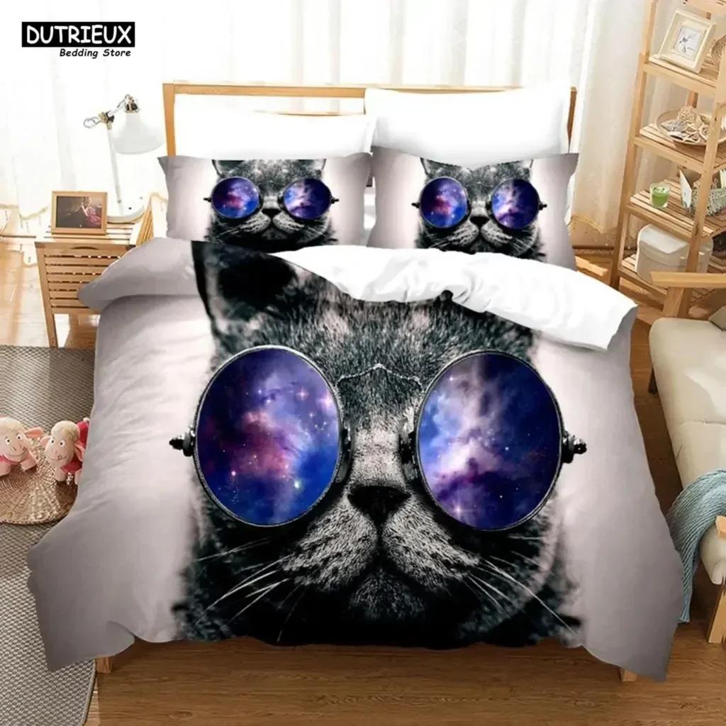 Comforter Cute Baby Cat White Black Kitten Bedding Set 3D Printed Suitable For Bedroom Kids Home Textile