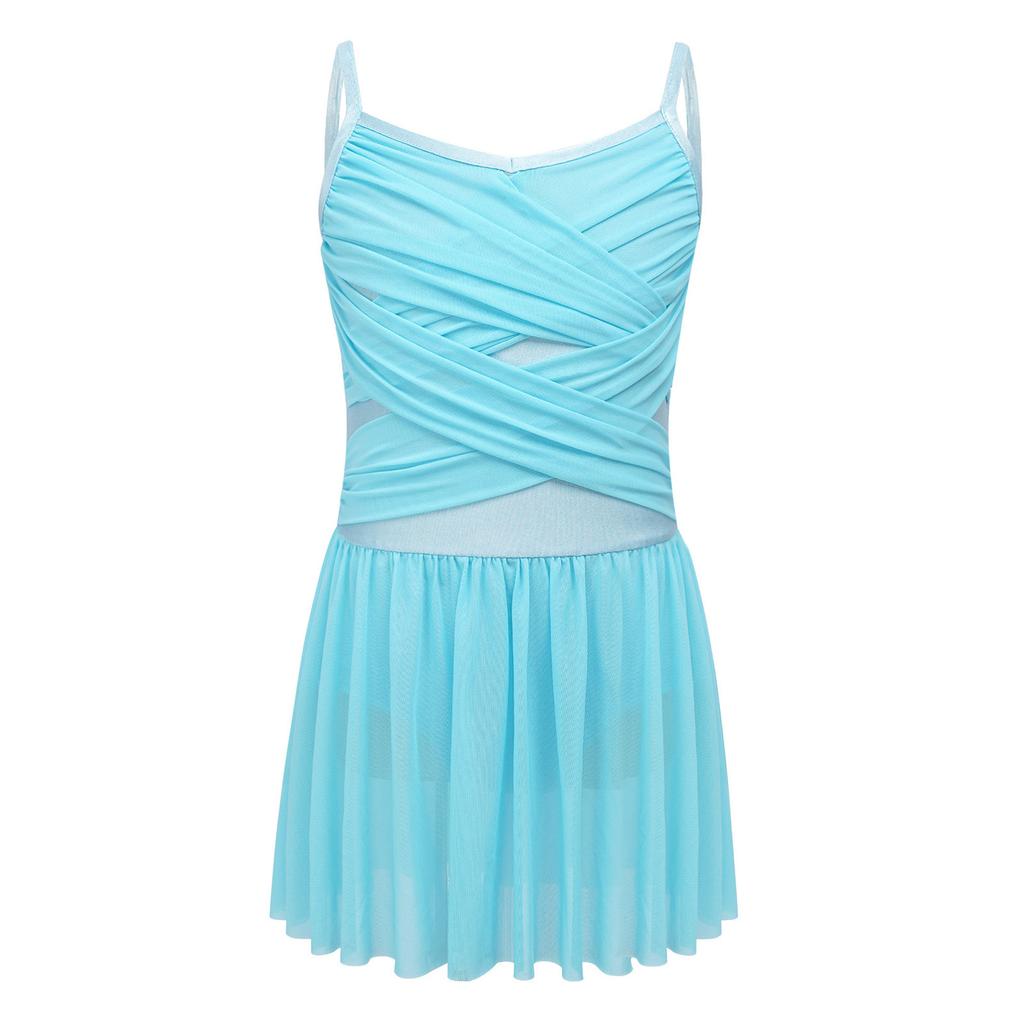 Girls Ballet Mesh Dance Dress Spaghetti Straps Cutout Back Cross Ruched Front Built In Briefs