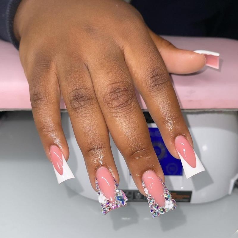 Noste Dlouhý Francouzský Ručně Dělaný Manikúrní Kousek Kamínkový Postupný Přechod Odnímatelná Nálepka na Nehty