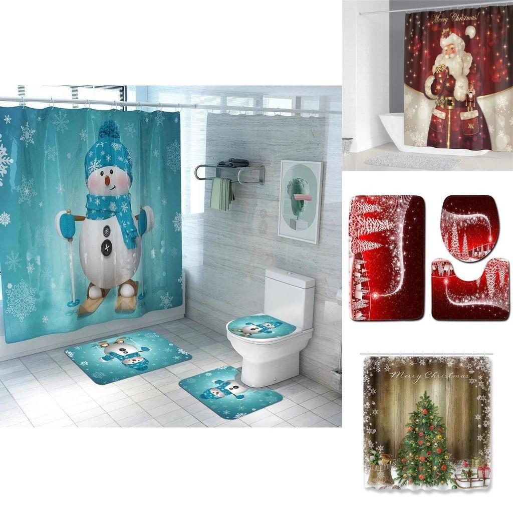 Beautiful 4pcs Christmas Shower Curtain And Toilet Cushion Set For Holiday Home Decoration
