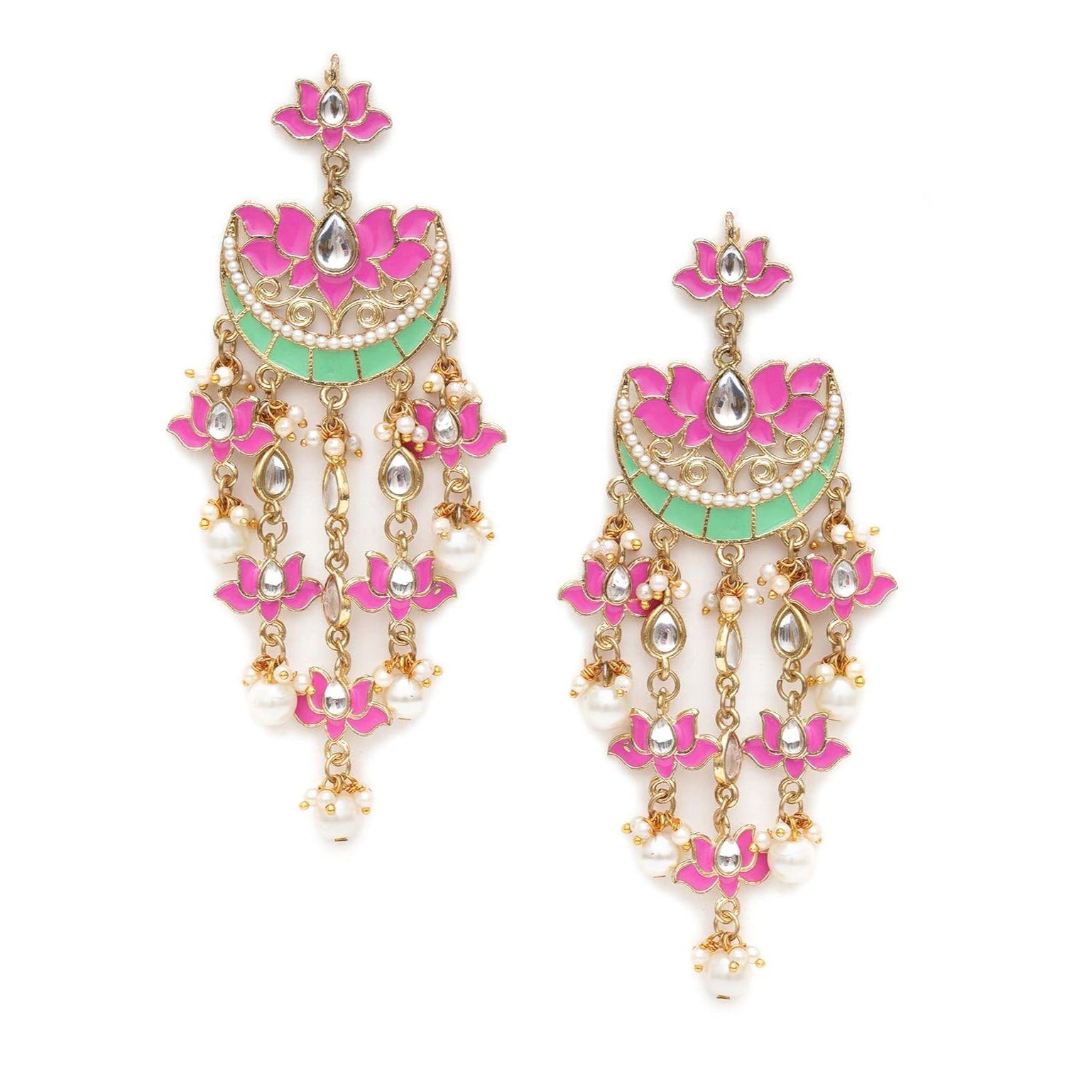 Pink Meena Lotus Design Kundan Dangler Earrings for Women