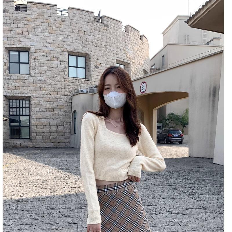 Hot Girl Sexy Clavicle Square Neck Pullover Sweater for Women Autumn and Winter Slimming Thickened Sweater Bottoming Inner Top